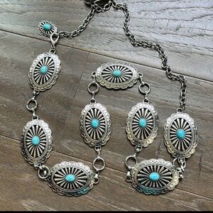 American Bison Western Chain Belt,oval silver tone conchos,faux turquoise stones